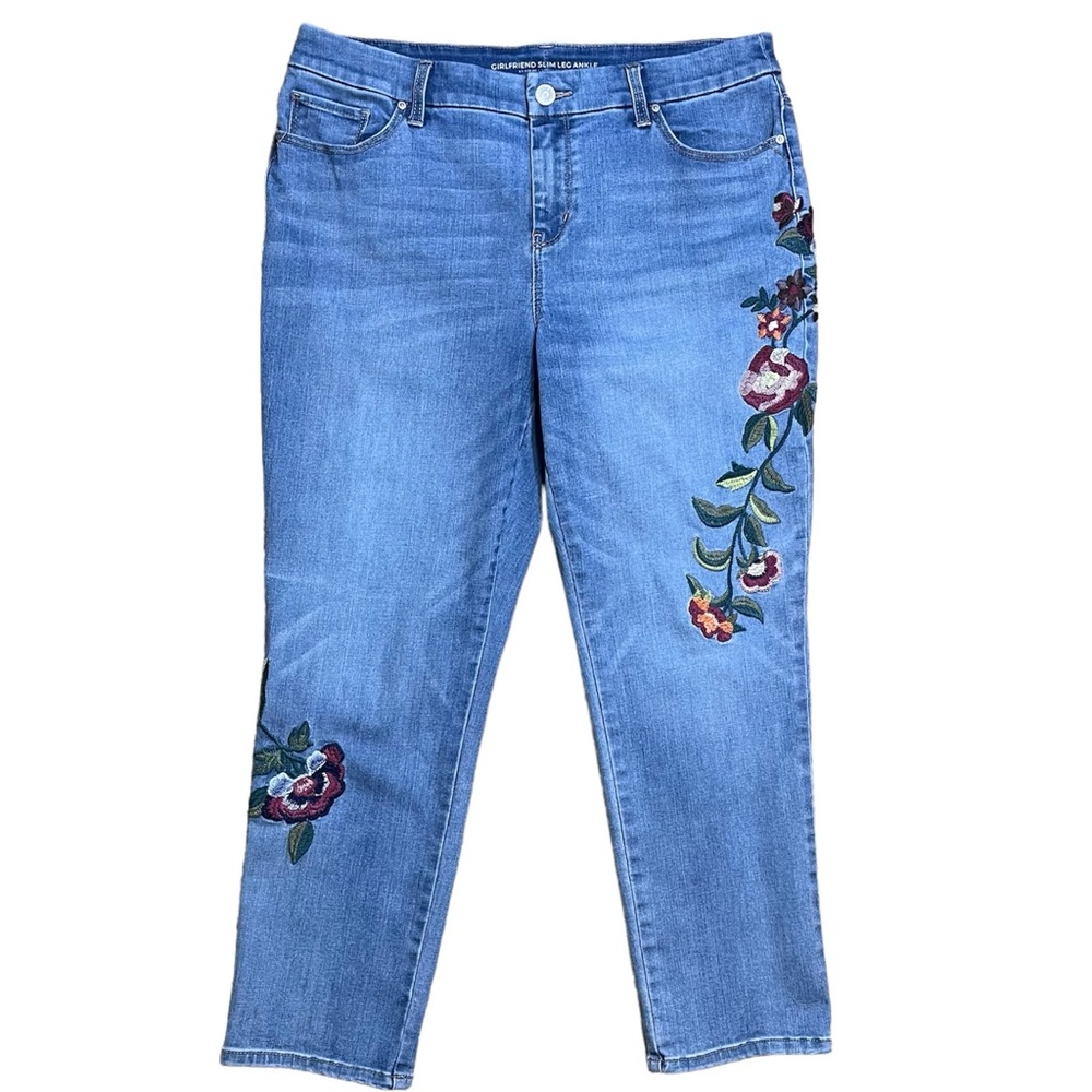 Chico’s Girlfriend Floral Embroidery Slim Leg Ankle Jeans Sz 10P/Chico’s Sz 1.5P